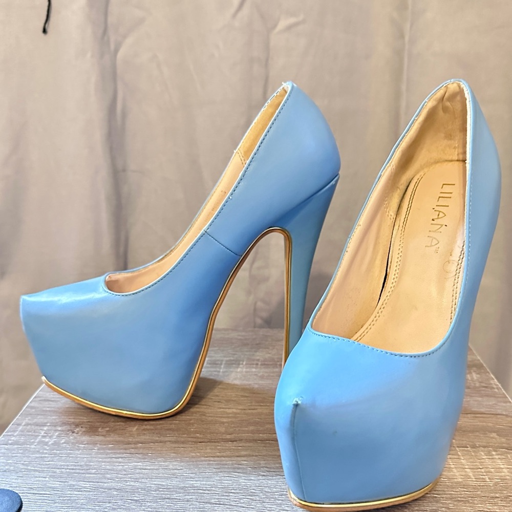 Liliana Sky Blue Platform Stiletto Heels – Faux Leather Round Toe Pumps Size 8